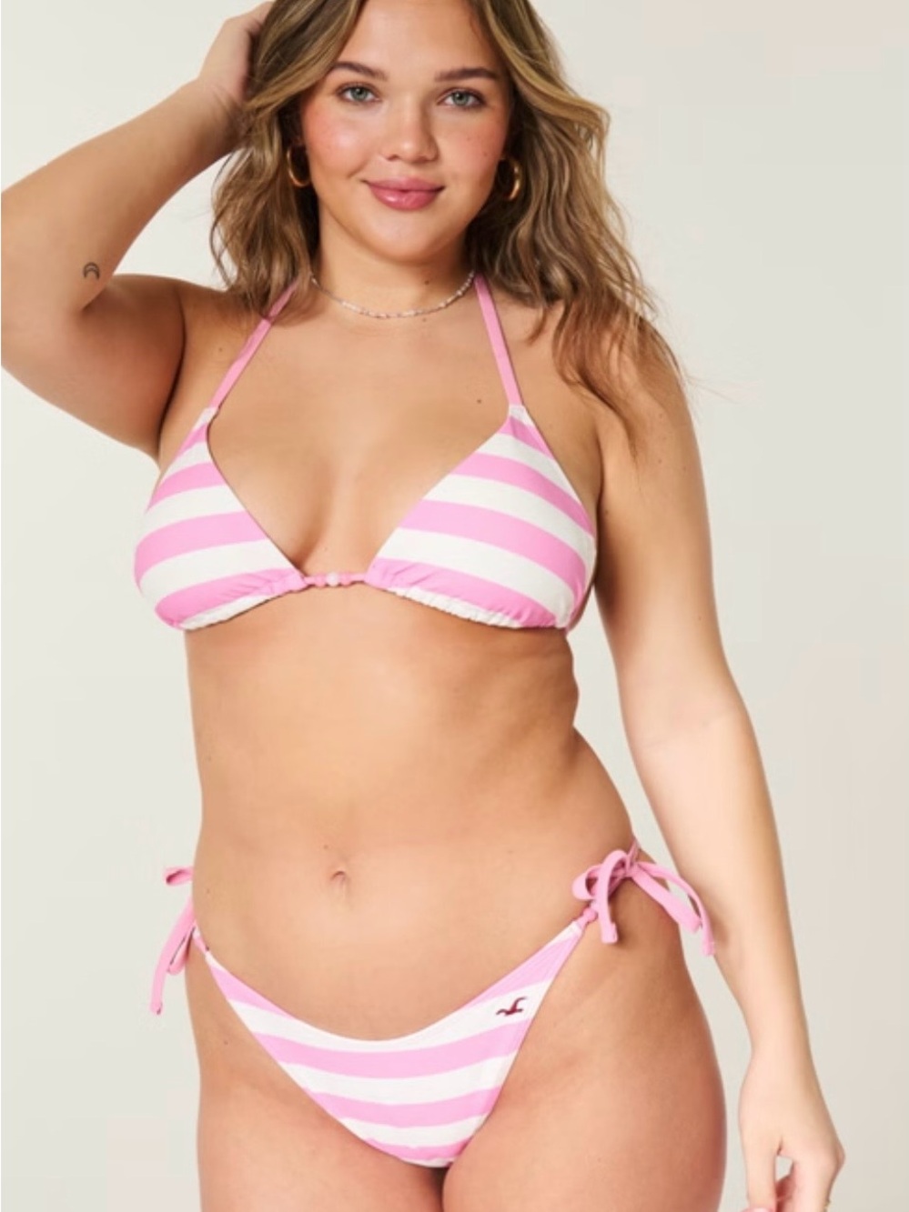 Hollister Y2K Pink & White Striped Tie Bikini with Bead Detail. Top XL Bottoms L
